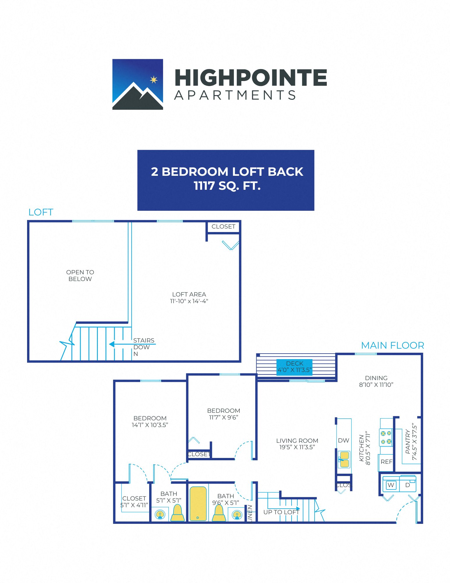 Floor plan for 2 beds, 1.5 baths, 1117 sqft